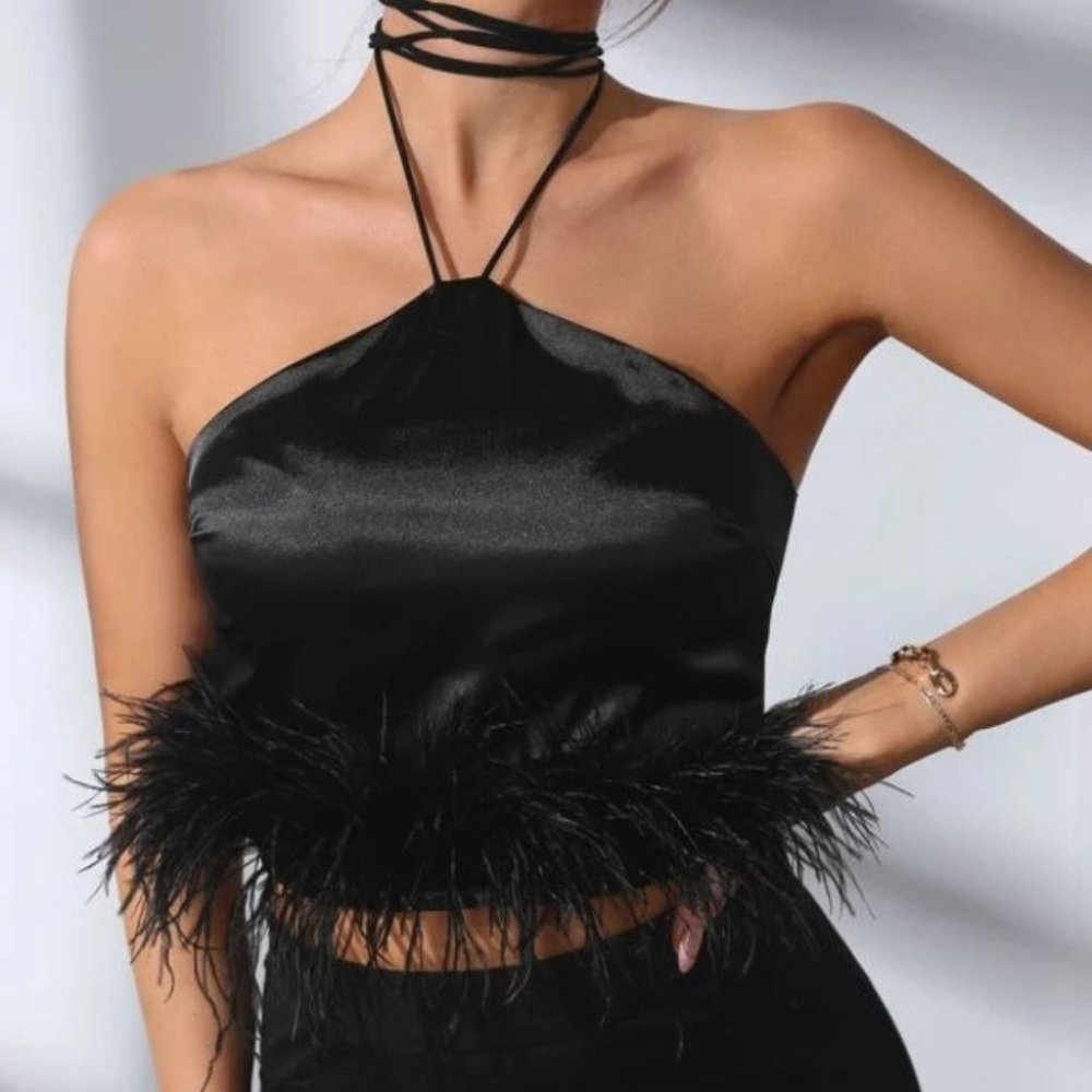 Feather Detailed Hot black Halter Top - Picture 1 of 5